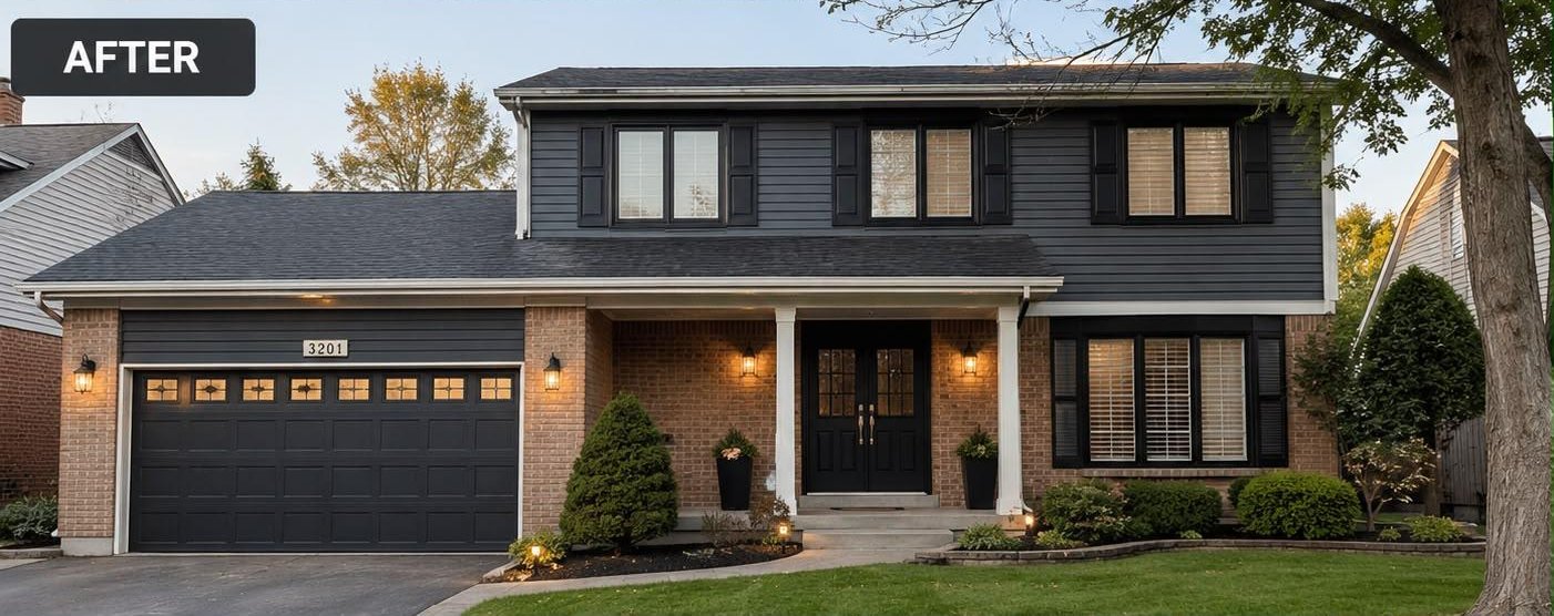 Exterior house painting after — dark navy siding repaint in the GTA