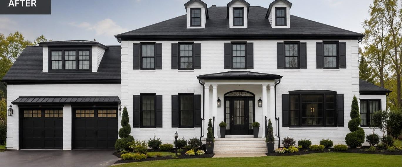 Brick painting after — red brick painted white with black trim, GTA