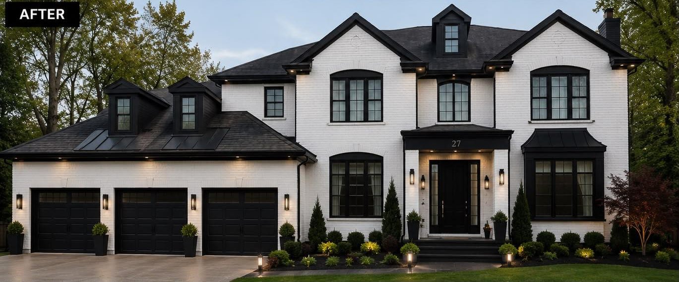 Exterior transformation after — white painted brick with black accents, GTA