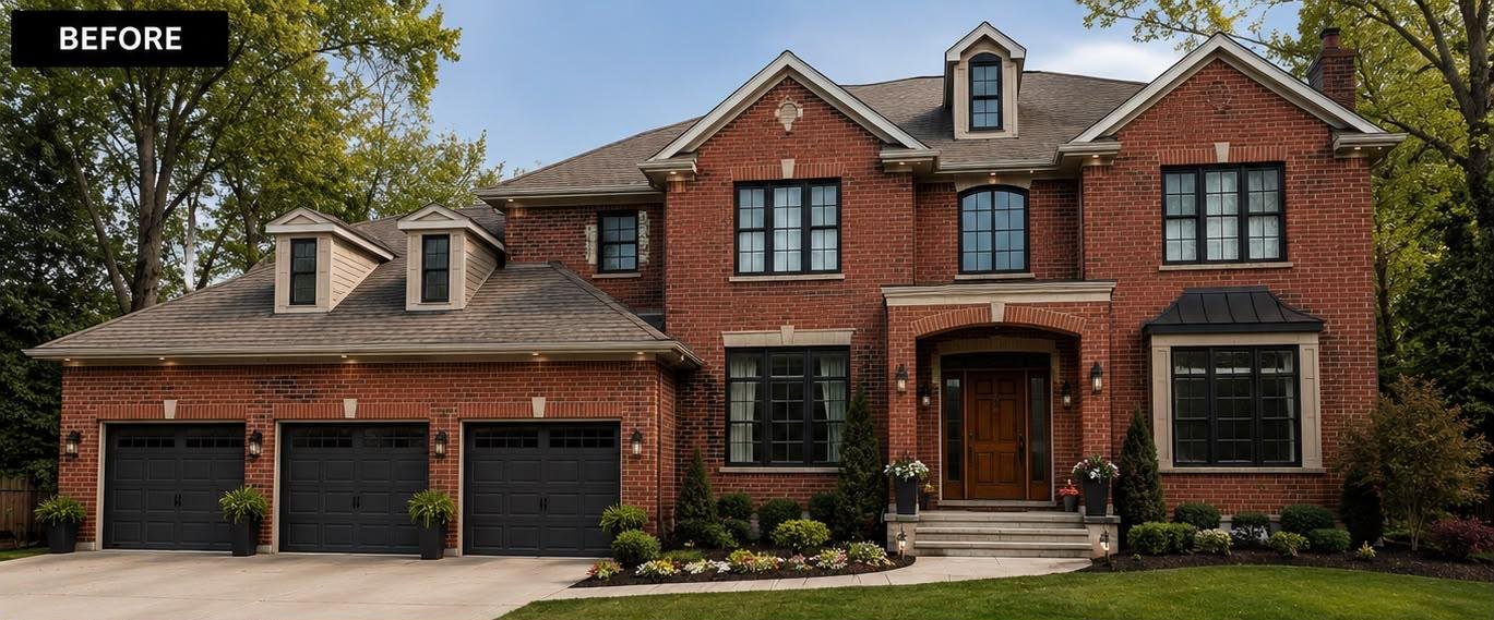 Exterior transformation before — red brick two-storey home, GTA